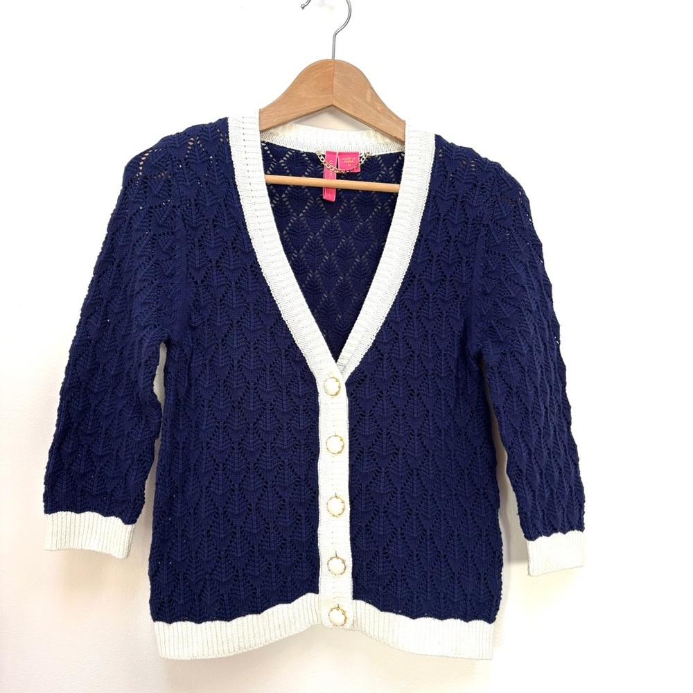 Charlotte Tarantola Crochet Knit Cardigan Size Small Navy Cream Nautical Preppy